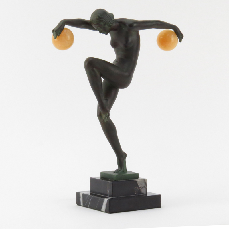 Art Deco Bronze Figure "Danseuse Aux Boules" On Stepped Marble Base