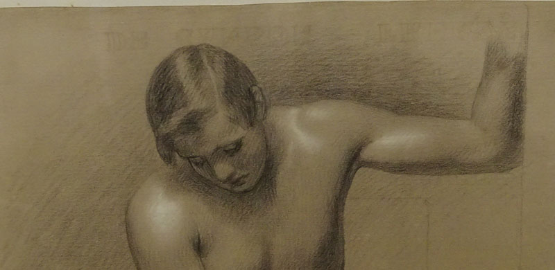 19th Century Pencil drawing with white highlights on tan paper "Male Nude"