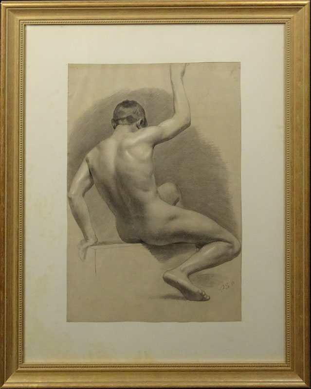 19th Century Pencil drawing with white highlights on tan paper "Male Nude"