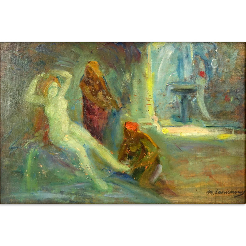 Attributed to: Mikhail Fyodorovich Larionov, Russian (1881 - 1964) Oil on wood panel "Lady At Her Bath"