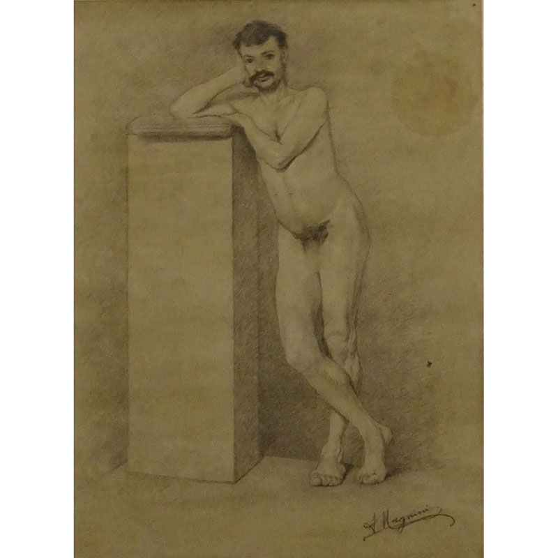 19th Century Pencil Drawing On Paper "Male Nude" Bears signature A
