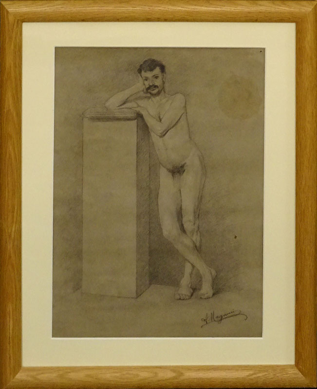 19th Century Pencil Drawing On Paper "Male Nude" Bears signature A