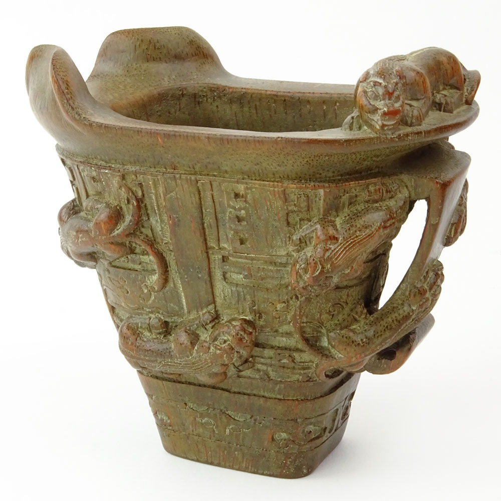 Chinese Carved Bamboo Libation Cup with Relief Chilong Decoration