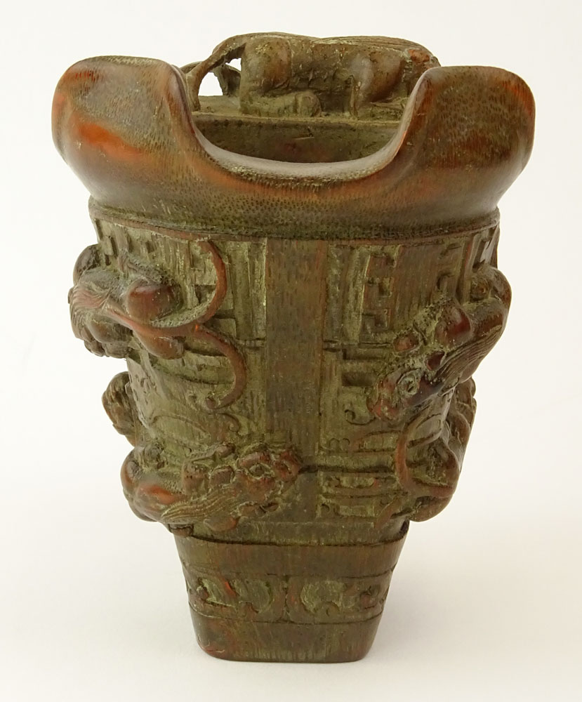 Chinese Carved Bamboo Libation Cup with Relief Chilong Decoration