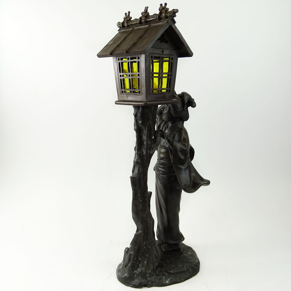 Early to Mid 20th C Japanese Bronze Figural Lamp