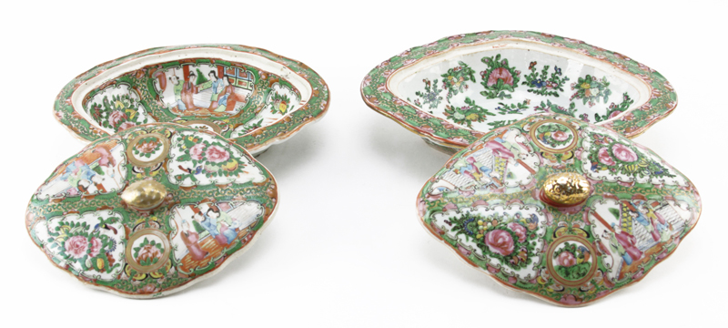 Two (2) Antique Chinese Export Rose Medallion Porcelain Covered Serving Dishes