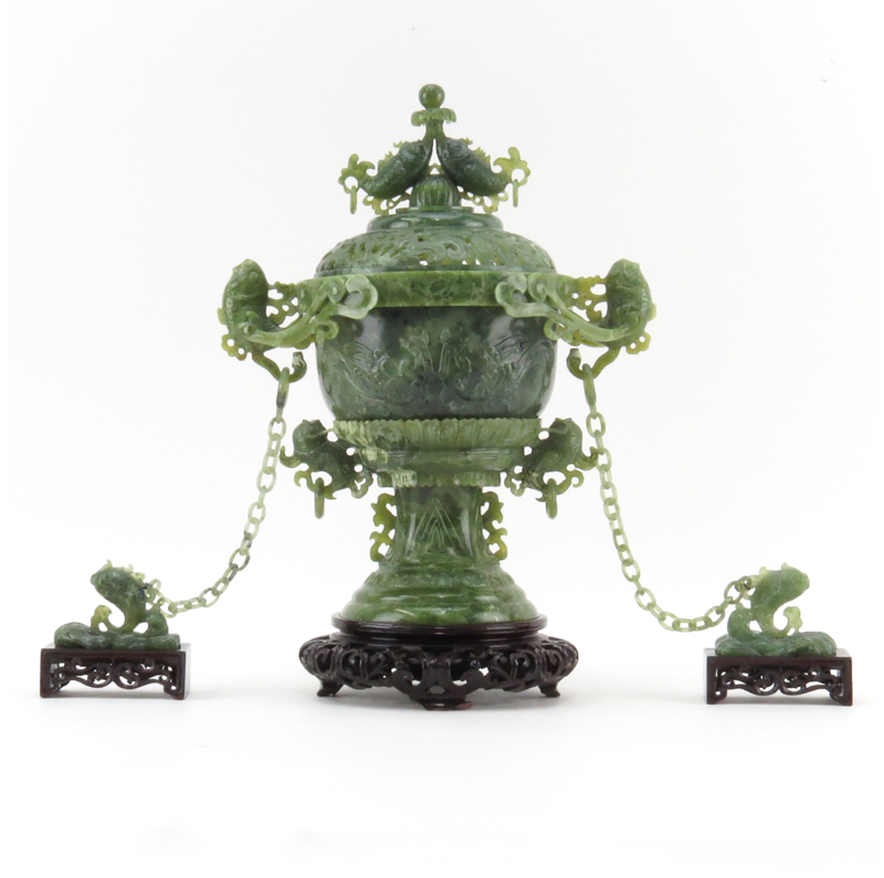 Chinese Carved Jade Censer with Card Handles, Finial and Side Figures, Wood bases