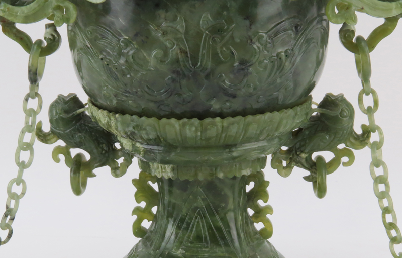 Chinese Carved Jade Censer with Card Handles, Finial and Side Figures, Wood bases