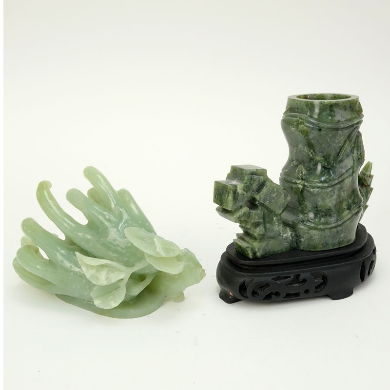 Two (2) Piece Chinese Carved Jade Lot including a Figural Bamboo Vase on Wood Base and a Figural Buddha's Hand