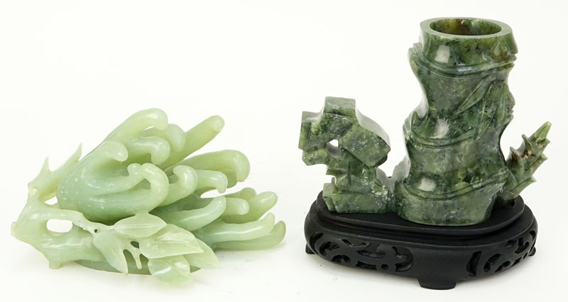 Two (2) Piece Chinese Carved Jade Lot including a Figural Bamboo Vase on Wood Base and a Figural Buddha's Hand