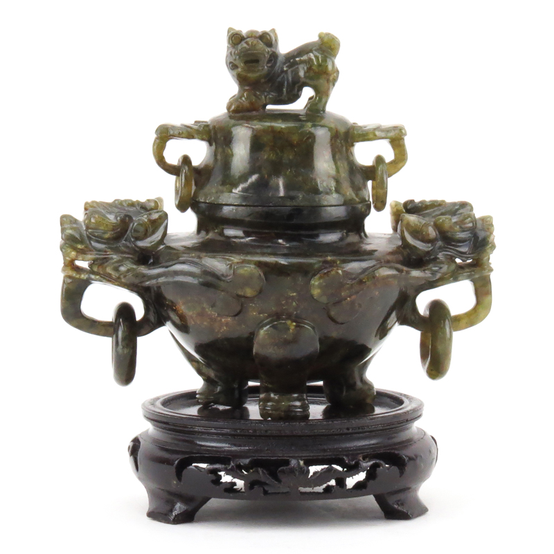 Chinese Carved Jade Censer with Dragon Head Ring Handles and Foo Lion Finial on carved wood base