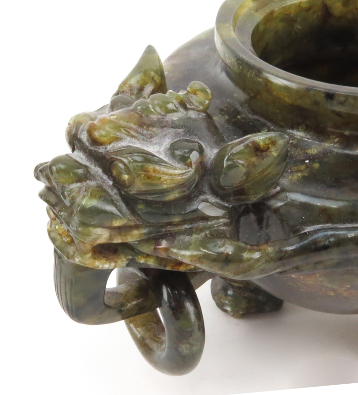 Chinese Carved Jade Censer with Dragon Head Ring Handles and Foo Lion Finial on carved wood base