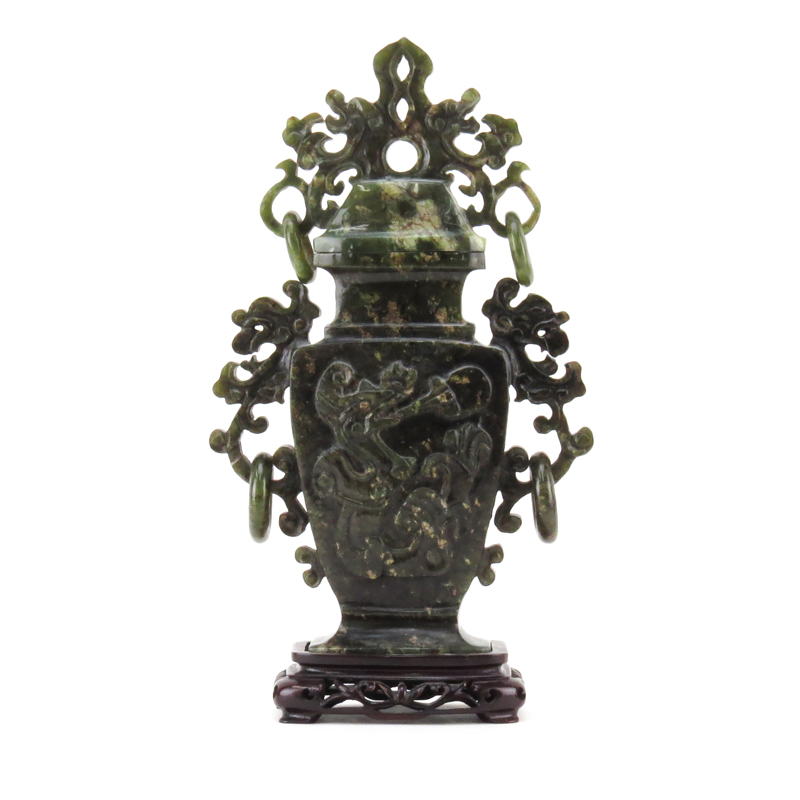 Chinese Archaistic Carved Jade Covered Vase with  Ring Handles and Carved Wood Base