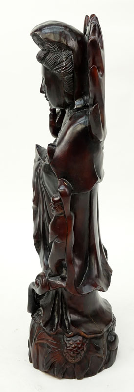 Large Modern Chinese Carved Wood Guanyin Figure with Attendants and Dragon to Base