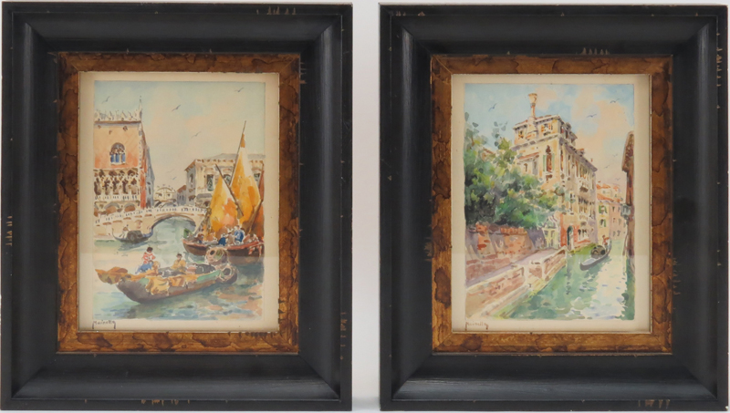 Raffaele Mainella, Italian (1858 - 1907) Pair watercolors "Venice Canal" Signed lower left
