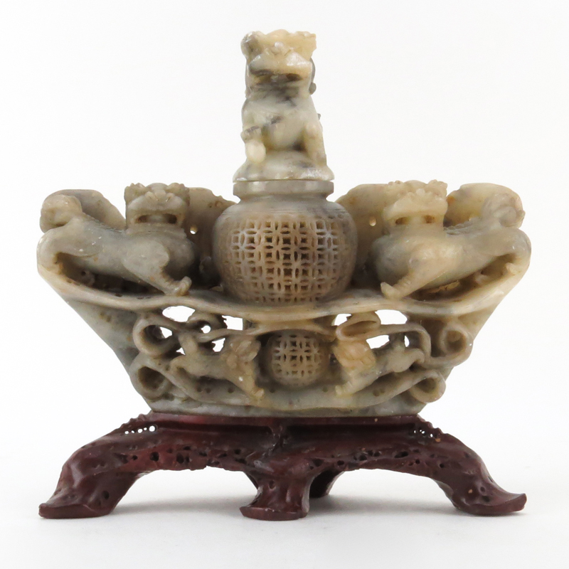 Chinese Carved Soapstone Censer with Figural Foo Lions