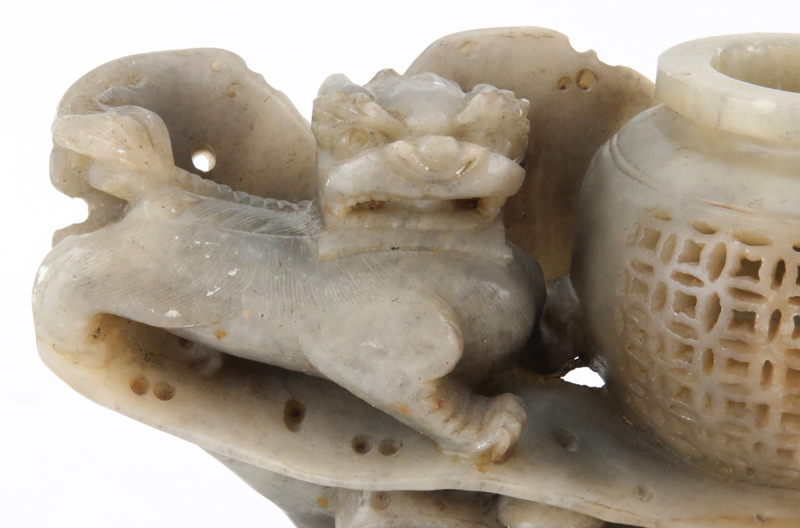 Chinese Carved Soapstone Censer with Figural Foo Lions