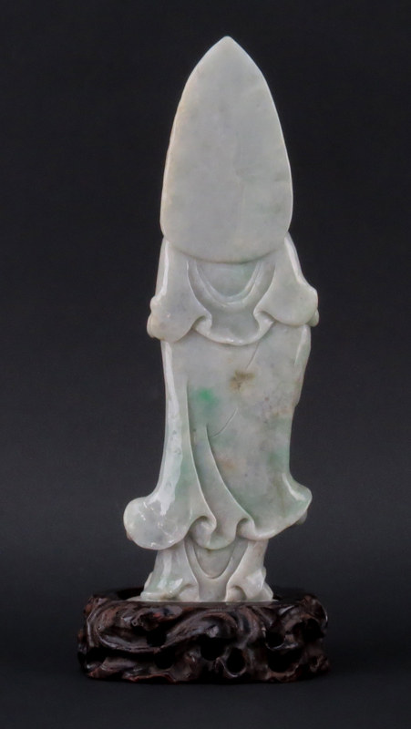 Antique Chinese Carved Light Green Jade Guanyin Sculpture on Wooden Base