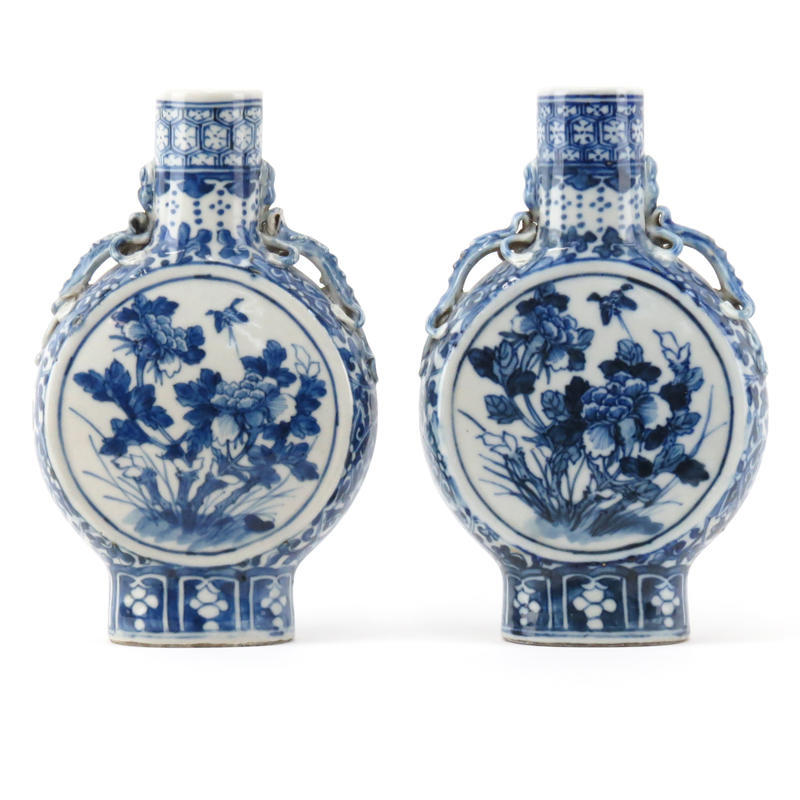Pair of Antique Chinese Blue and White Moon Flask Vases, Possibly Kangxi Period