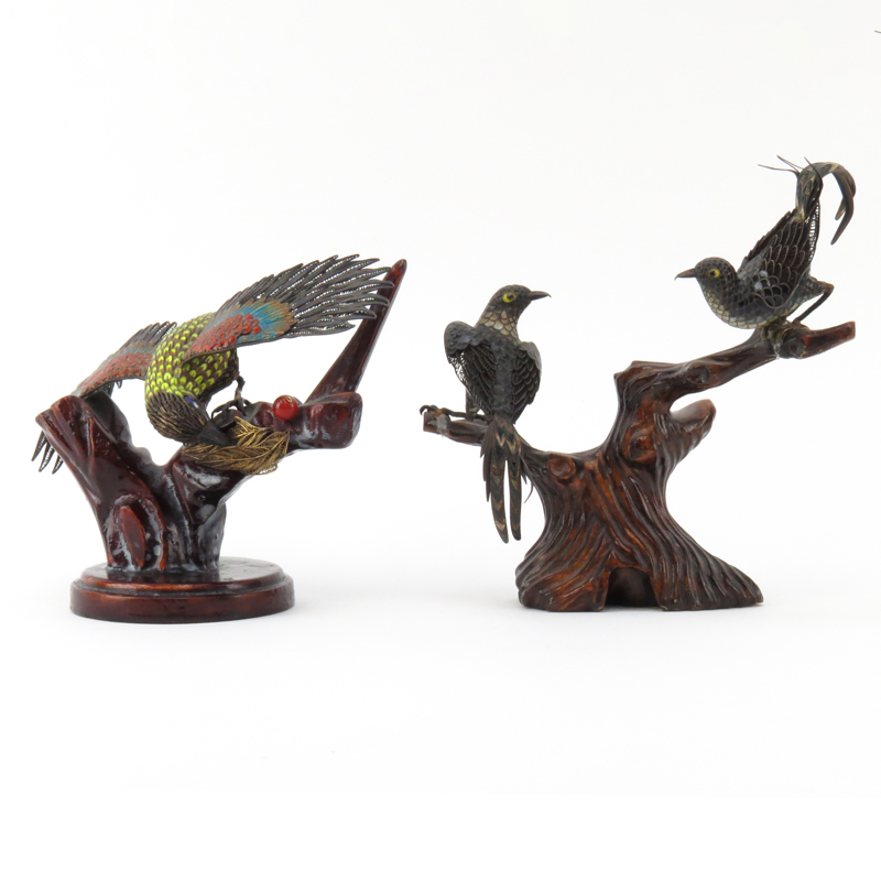 Collection of Two (2) Chinese Silver and Enamel Bird Figurines on Wooden Tree Stand
