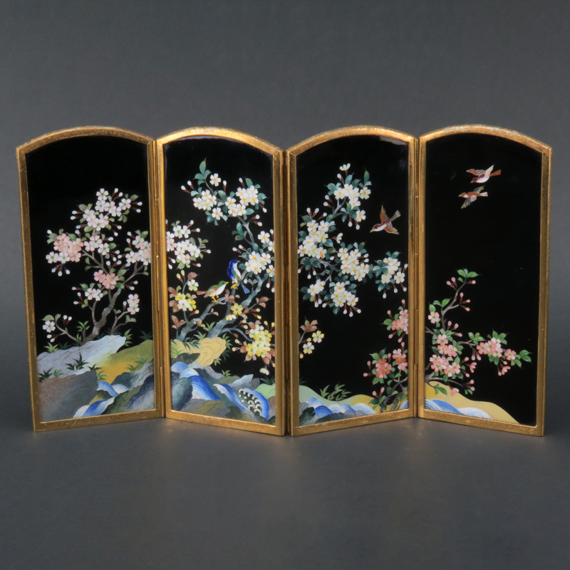 A Signed Inaba Cloisonné Table Top Folding Screen, ca