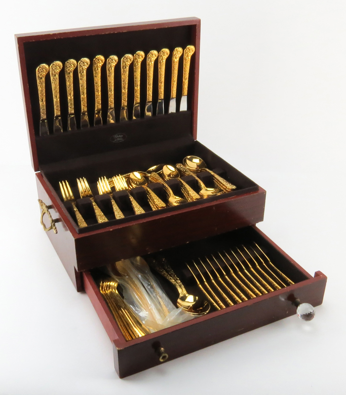 Ninety-Seven (97) Piece Gold Plated Repousse Flatware Set