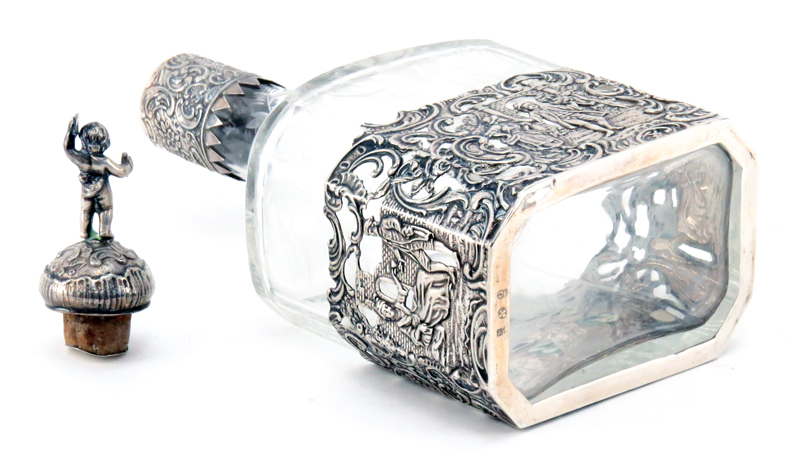 Antique German Repoussé Hanau Sterling Silver and Etched Glass Decanter