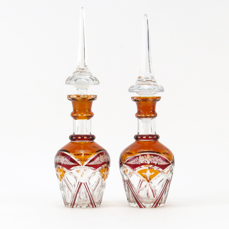 Pair Vintage Bohemian Etched, Cut and Colored Glass Decanters With Stoppers