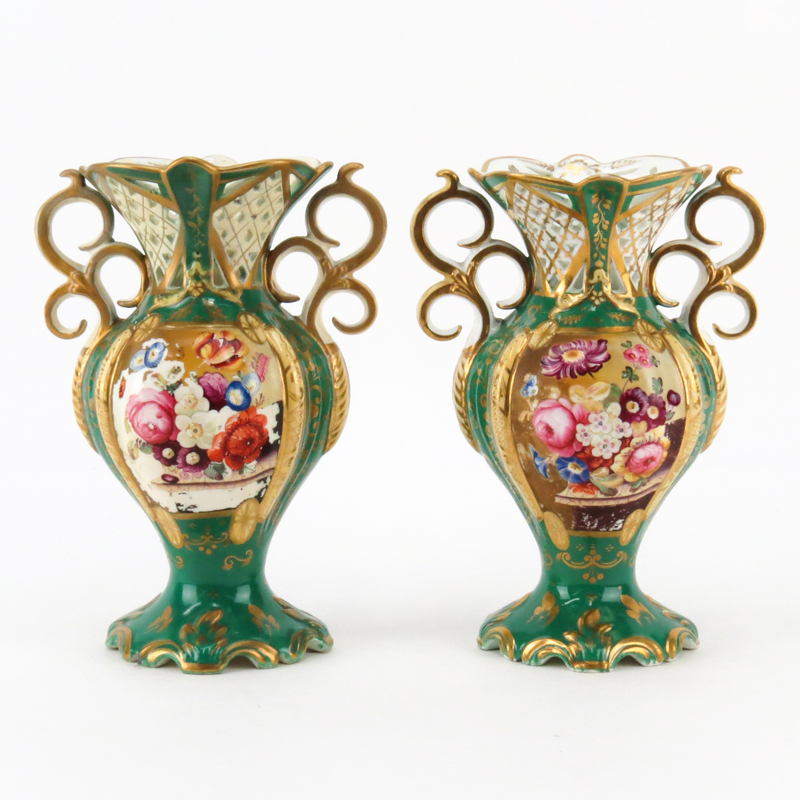 Pair Hand Painted Continental Reticulated Porcelain Vases