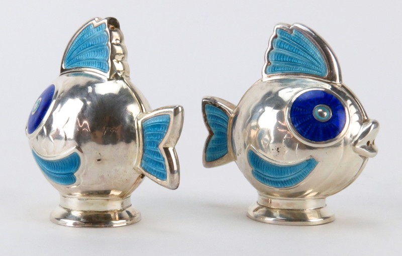 Mea Denmark Sterling Silver and Hand Enamel Fish Form Shakers in Fitted Box