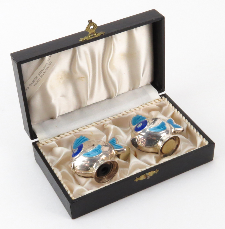 Mea Denmark Sterling Silver and Hand Enamel Fish Form Shakers in Fitted Box