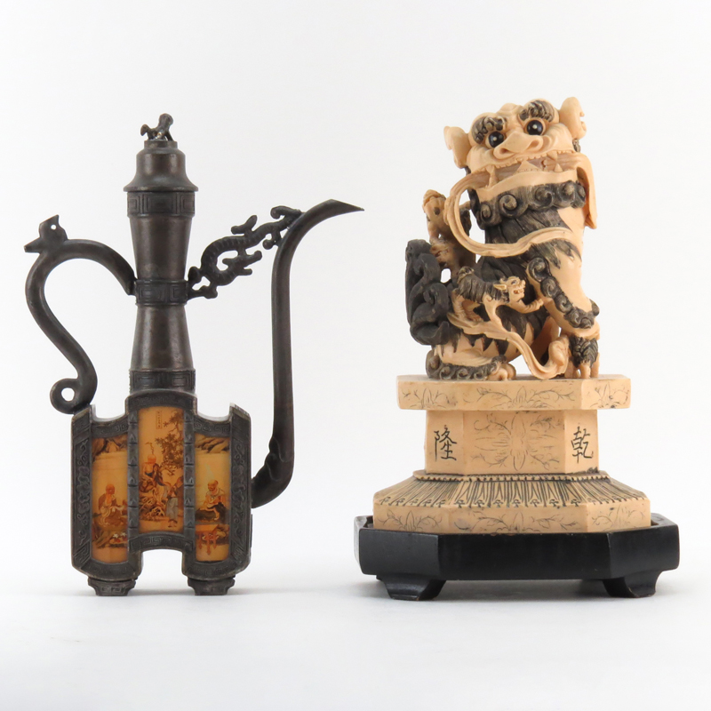 Chinese Faux Ivory Foo Lion on Wood Base together with a Chinese Pewter Ewer