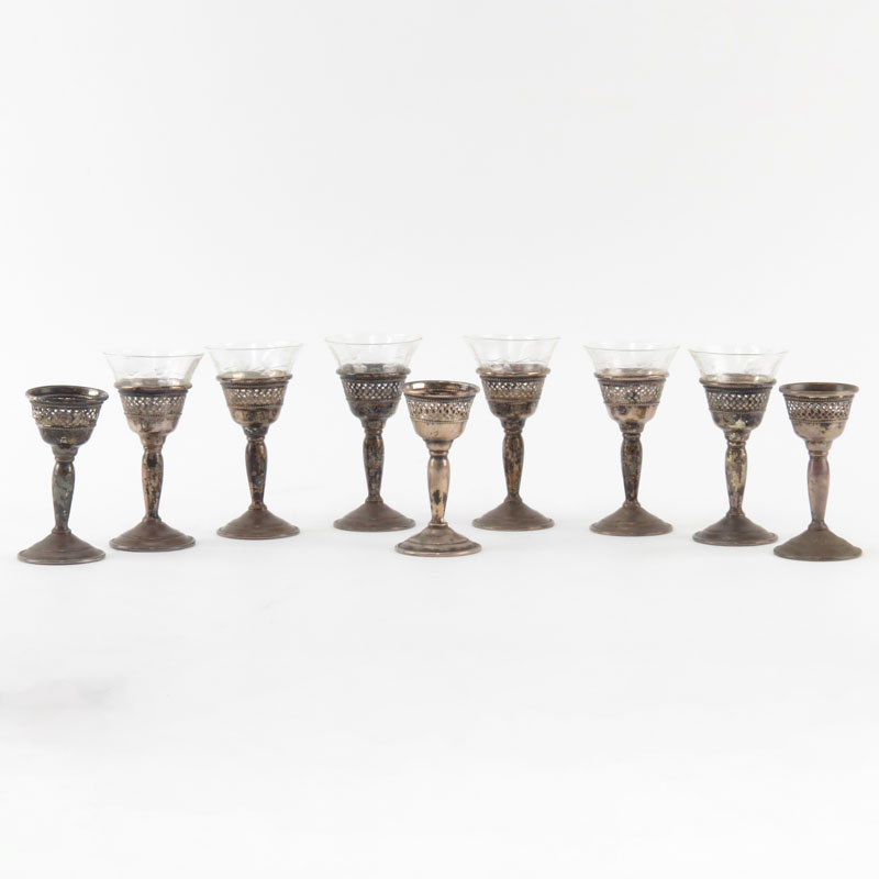 Nine (9) Sterling and Glass Cordial Glasses