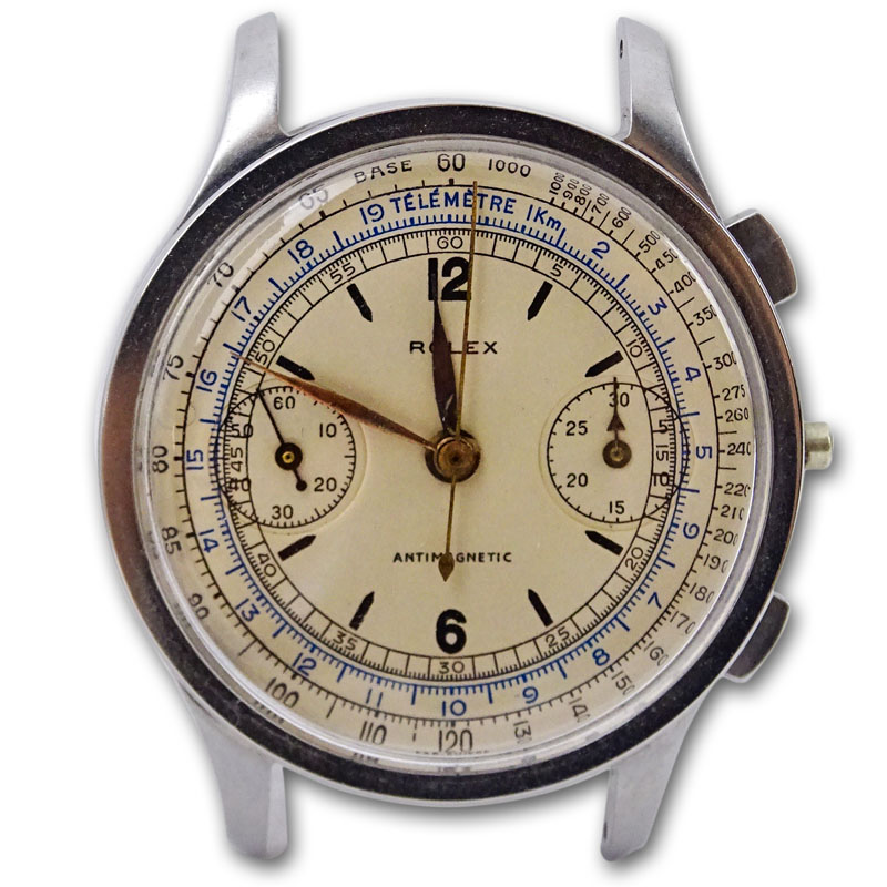 Rare Circa 1940's Men's Rolex Chronograph Model 2508 Stainless Steel Watch with Antimagnetic Dial, tachymetric and telemetric scales, small seconds and minute counter
