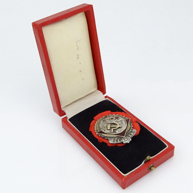 Soviet Silver and Enamel 'Red Banner' Badge/Medal in Fitted Presentation Box