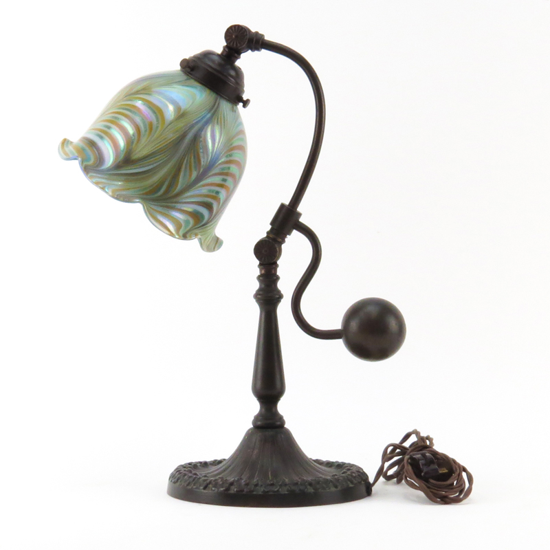 Circa 1980s Bronze Student Lamp with Signed Vandermark Pulled Feather Art Glass Shade