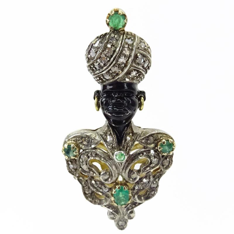.40 Carat Diamond, .65 Carat Emerald, 18 Karat Yellow Gold and Enamel Pendant Brooch. 