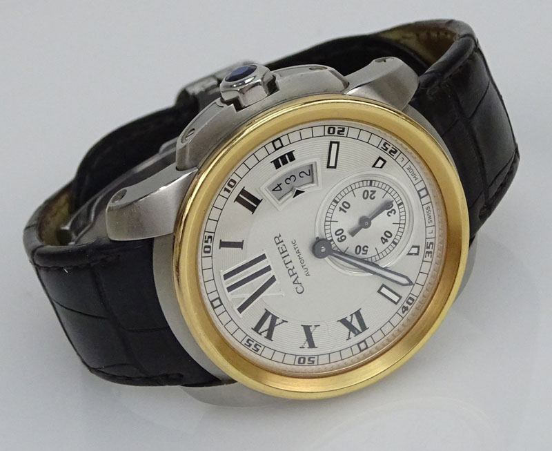 Man's Cartier Calibre 3299 Stainless Steel and 18 Karat Rose Gold Automatic Movement watch with Crocodile Strap
