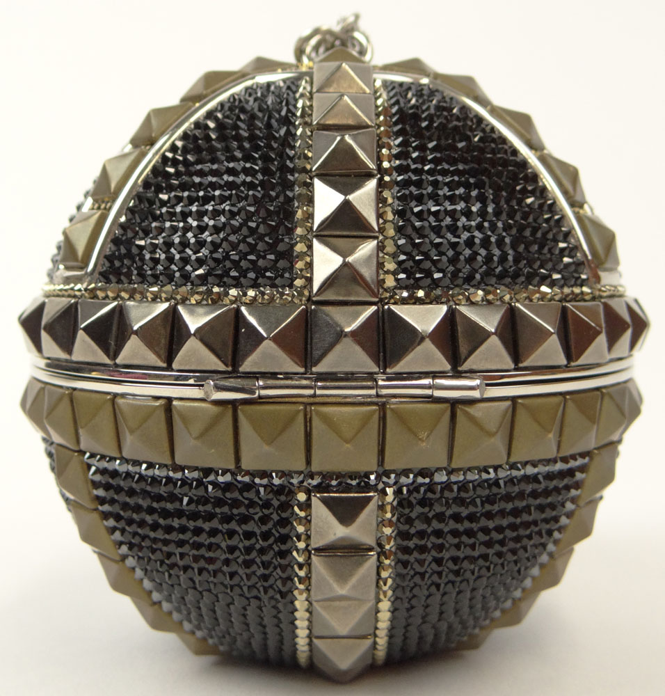 Brand New Judith Leiber Black Crystal Pyramid Studded Sphere Disco Holiday Ball Clutch Minaudière Evening Bag with 18 Inch Chain Strap and Applied Jet Decoration