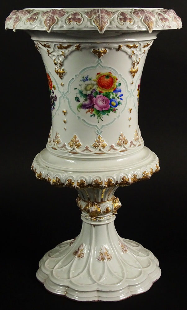 Large Impressive 19/20th Century Meissen Hand Painted Porcelain Bolted Urn with Floral Decoration