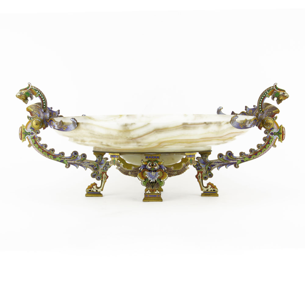 Vintage French Onyx and Champleve Centerpiece Bowl