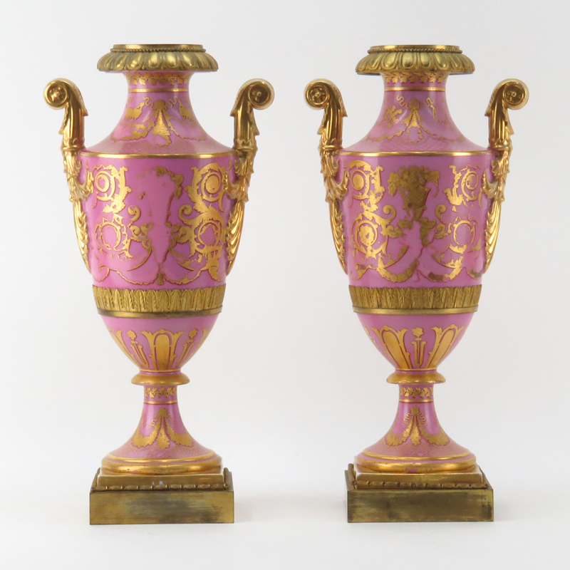 Pair of Antique Bronze Mounted Sevres Porcelain Bolted Urns