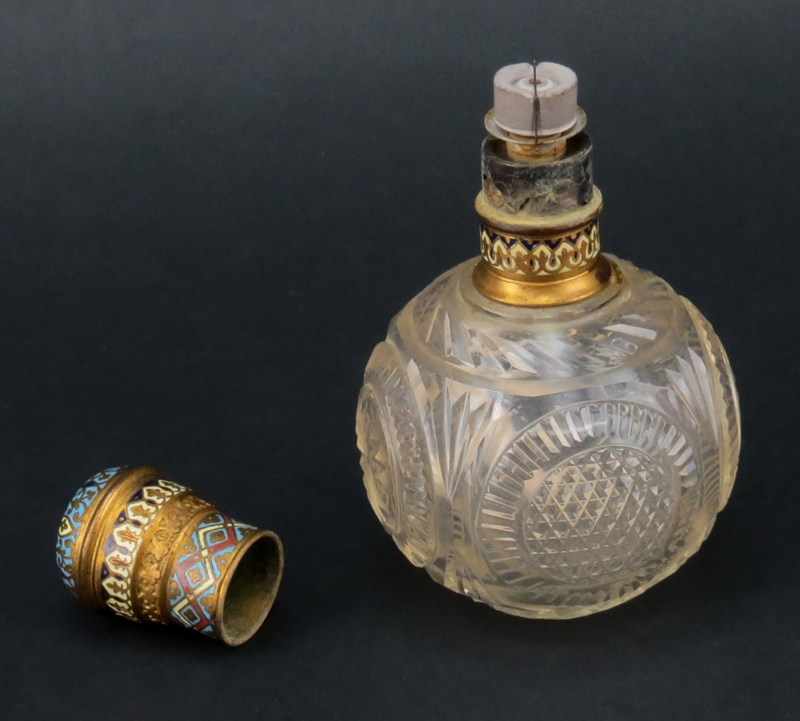Antique Champleve and Cut Glass Bottle Oil Lamp
