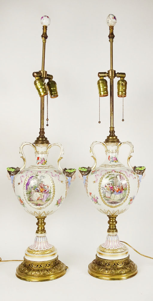 Pair of Antique KPM Porcelain Hand painted and Transferred Decorated Figural Lamps on Bronze Mounting