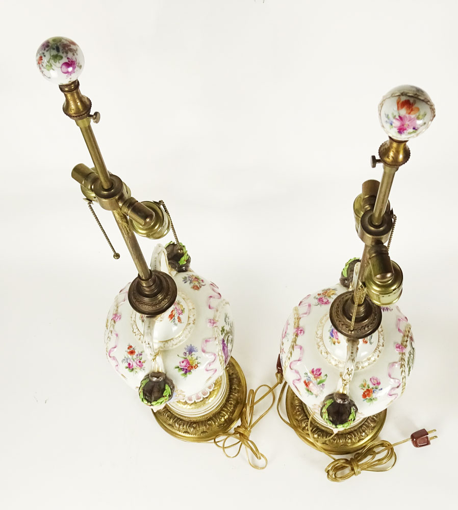 Pair of Antique KPM Porcelain Hand painted and Transferred Decorated Figural Lamps on Bronze Mounting