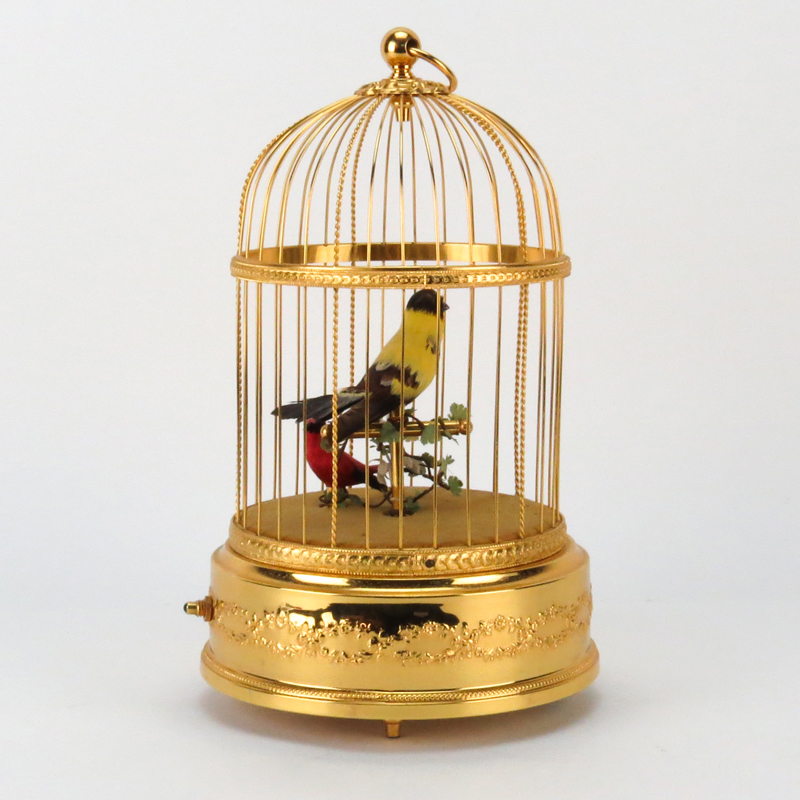 Reuge, Swiss, Two-Bird Singing Bird Cage with Alarm Clock, Battery Powered