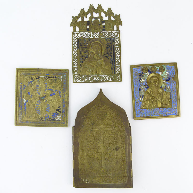 Four (4) Antique Russian Bronze and Enamel Religious Plaques