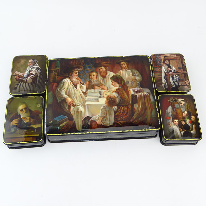 Collection of Five (5) Russian Judaica Lacquered Boxes