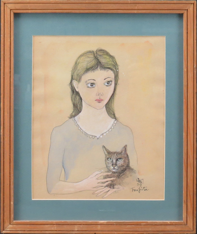 Attributed to: Leonard Tsuguharu Foujita Japanese/French  (1886 - 1968) Ink and watercolor on paper "Girl With Cat"