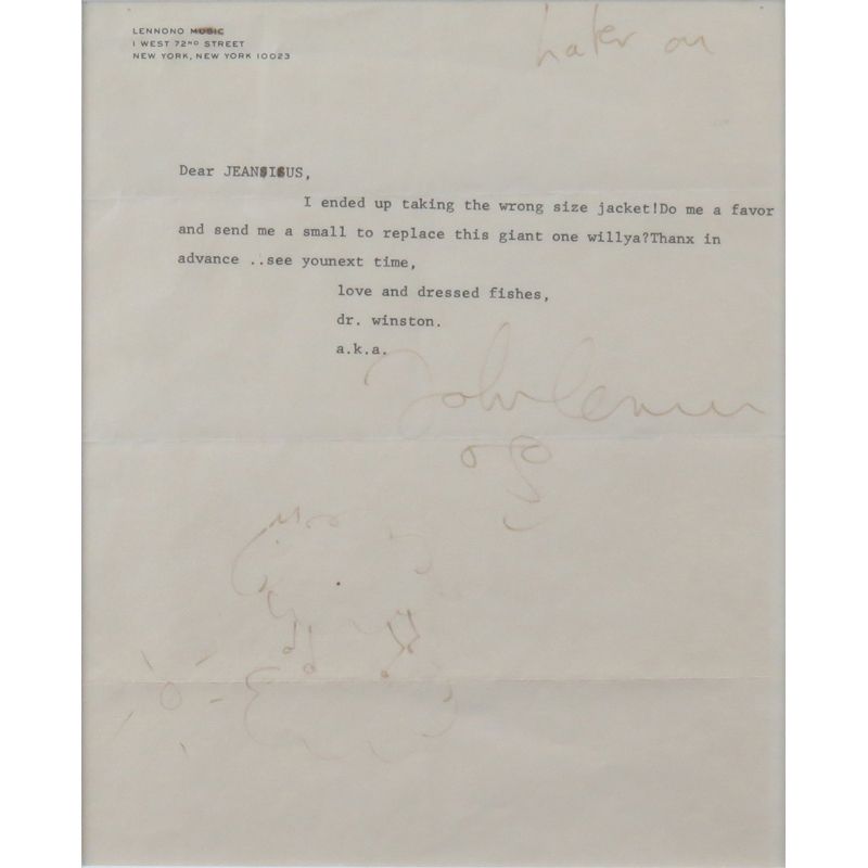A Typed Letter From John Lennon On Personal Stationary With Handwritten Signature and Drawing